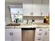 Stainless steel sink with modern faucet, white cabinets, and granite counters under a bright window at 3464 Sutherland Dr, Palm Harbor, FL 34684