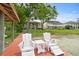 Dockside seating area with lake views and luxurious homes in the distance at 11710 N Armenia Ave, Tampa, FL 33612