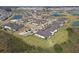 Aerial view of a neighborhood showcases well-maintained homes, ponds, and lush landscaping at 10374 Echo Dock Loop, San Antonio, FL 33576