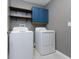 Laundry room with washer, dryer, blue cabinet, and open shelving at 16719 Delia St, Wimauma, FL 33598