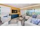 Comfortable living room featuring stylish seating, a blue media cabinet, and scenic views at 36750 Us Highway 19 # 21-301, Palm Harbor, FL 34684