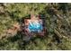 A stunning overhead view of a private pool area surrounded by trees, featuring red umbrellas and lounge chairs at 8907 Casablanca Way, Tampa, FL 33626