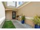 Charming townhouse entrance with a decorative front door, potted plants, and manicured landscaping at 8907 Casablanca Way, Tampa, FL 33626
