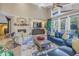 Bright living room with vaulted ceilings, stone fireplace, and expansive windows showcasing backyard at 8755 Commodore Dr, Seminole, FL 33776