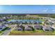 An aerial view of new construction homes around a central lake, complemented by green spaces and walking paths at 13028 Homestead Ln, Parrish, FL 34219