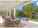 Covered patio with a ceiling fan offers poolside dining with comfortable seating and verdant landscaping at 337 Coffee Pot Ne Dr, St Petersburg, FL 33704