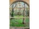 Window view of the home's lush backyard featuring mature trees and green grass at 19018 Geraci Rd, Lutz, FL 33548