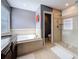 Bathroom featuring a walk-in glass shower, soaking tub, and large vanity at 27500 Breakers Dr, Wesley Chapel, FL 33544