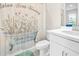 Charming bathroom with floral-themed shower curtain, white vanity, and well-lit mirror at 4639 Garofalo Rd, Wesley Chapel, FL 33543