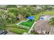 Overhead view of a community playground with swings and play structure, shaded by a blue awning at 1919 Blue River Rd, Holiday, FL 34691