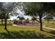 A colorful and fun playground area with swings and slides surrounded by lush greenery at 5211 Lake Venice Dr, Wimauma, FL 33598