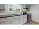 Kitchen featuring granite countertops, stainless steel appliances, gray cabinets, and subway tile backsplash at 1415 Ridge Ave, Clearwater, FL 33755
