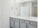 Bathroom featuring a large mirror, double sinks, and gray cabinets at 31814 Oyster Trellis Ln, Wesley Chapel, FL 33545