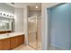 Bathroom vanity features a bright mirror and a glass enclosed shower at 1950 Sterling Glen Ct, Sun City Center, FL 33573