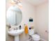 Cozy powder room with pedestal sink, decorative mirror, and stylish decor, creating a welcoming space at 11125 Winthrop Lake Dr, Riverview, FL 33578