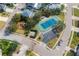 Aerial view of a neighborhood tennis court and playground, including parking, surrounded by trees and homes at 587 Lakewood Dr, Oldsmar, FL 34677