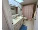 Bright bathroom featuring a skylight, vanity with storage, and a shower with a patterned curtain at 7050 Sunset S Dr # 208, South Pasadena, FL 33707