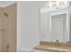 Close-up of bathroom featuring tiled shower, modern fixtures, and vanity mirror at 8421 Golden Beach Ct, Parrish, FL 34219