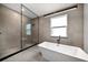 Bright bathroom featuring a glass shower and modern freestanding bathtub, illuminated by a contemporary light fixture at 1046 Bass Blvd, Dunedin, FL 34698