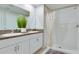 Bathroom with double sinks, shower, and white cabinets at 9805 Lemon Drop Loop, Sun City Center, FL 33573