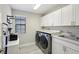 Functional laundry room with modern washer and dryer, ample storage and a stainless steel sink at 14838 Paddock Pond Ave, Lithia, FL 33547