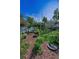 Backyard garden featuring mulch beds, lush greenery, and various plantings at 546 Orangewood Dr, Dunedin, FL 34698