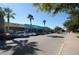 Street view with palm trees lining vibrant storefronts, parked cars, and clear blue skies at 546 Orangewood Dr, Dunedin, FL 34698