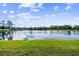 A serene view of the pond, featuring a lush green lawn in the foreground at 11127 Hudson Hills Ln, Riverview, FL 33579