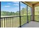Screened-in balcony offering a lovely view of the serene pond and lush greenery at 4899 Isola Ct, Wesley Chapel, FL 33543