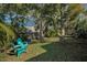 Lush backyard featuring mature trees, green lawn and Adirondack chairs for relaxation at 1120 Idlewild N Dr, Dunedin, FL 34698