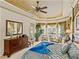 Elegant main bedroom features tray ceiling, luxurious bedding, sitting area, and a dresser at 12700 Grand Traverse Dr, Dade City, FL 33525
