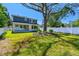 Spacious backyard view of home, lush green lawn, landscaping, and white privacy fence at 3218 21St N St, St Petersburg, FL 33713