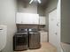 Modern laundry room features front loading washer and dryer, white cabinets, and tile flooring at 26 Sunset Bay Drive, Belleair, FL 33756