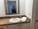Bathroom vanity with granite countertop, sink, and framed mirror. Perfect size with good lighting at 501 Knights Run Ave # 2119, Tampa, FL 33602