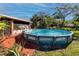 Above-ground pool in a backyard setting, surrounded by lush greenery and a sunny patio area at 6226 Hampton N Ct, St Petersburg, FL 33710