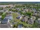 Aerial view of a home with large backyard, white fence, surrounded by a residential neighborhood at 4351 Highcroft Dr, Wesley Chapel, FL 33545