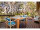 Spacious deck surrounded by lush trees, featuring an outdoor dining and seating area at 3985 Mermoor Dr, Palm Harbor, FL 34685