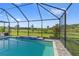 Relaxing pool with a screened enclosure offers expansive views of lush greenery and a serene escape at 14215 Swiss Bridge Dr, Riverview, FL 33579