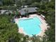 Aerial view of a large community pool surrounded by trees and lounge chairs at 711 Old Windsor Way, Spring Hill, FL 34609