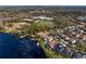High-angle aerial captures lakefront homes with docks, an adjacent athletic field, and expansive surrounding greenery at 1903 Haven Bend, Tampa, FL 33613