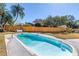 Backyard pool, fully fenced in, with a concrete pool deck, mature trees, and landscaping at 8418 Flagstone Dr, Tampa, FL 33615