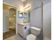Bathroom featuring a single sink vanity with a mirror, and a toilet, adjacent to shower at 10232 Grant Creek Dr, Tampa, FL 33647