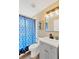 Well-lit bathroom featuring a blue patterned shower curtain and a gray vanity at 12918 Cambridge Ave, Tampa, FL 33624