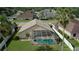 Overhead shot of a backyard pool with a screened enclosure, lush green lawn, and mature palm trees at 10025 Cypress Shadow Ave, Tampa, FL 33647