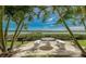 Picnic table with seating surrounded by palm trees with water view at 19725 Gulf Blvd # 405, Indian Shores, FL 33785