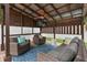 Outdoor lounge area featuring comfortable seating, a ceiling fan, a mounted TV, and a privacy fence at 7602 S Desoto St, Tampa, FL 33616