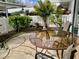 Inviting outdoor patio area featuring a round glass table with chairs, palm trees, and manicured garden at 1655 S Highland Ave # J193, Clearwater, FL 33756