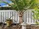 Well-maintained yard with lush greenery, a palm tree, landscaping rocks, and a white picket fence at 1655 S Highland Ave # J193, Clearwater, FL 33756