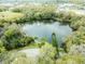 An aerial view of a lake with a fountain surrounded by trees and a road nearby at 2730 5Th Ct, Palm Harbor, FL 34684