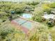 Aerial view of community amenities: tennis court, pool, and playground surrounded by trees at 2730 5Th Ct, Palm Harbor, FL 34684